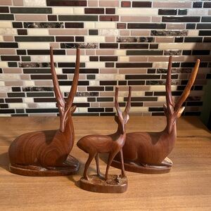 Vintage Carved Wooden Antelope Trio - Warm Brown Accent Sculptures